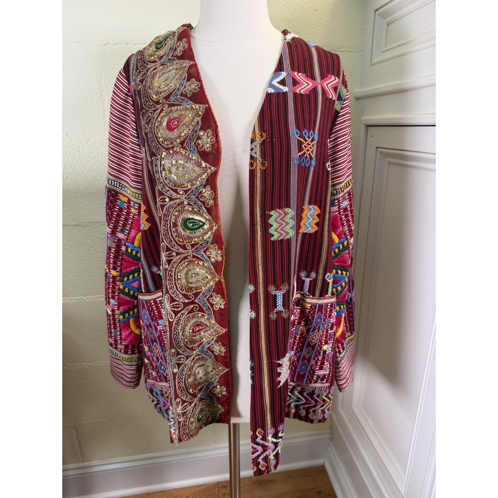 Global Tribal Albuquerque Embroidered Boho Jacket Red Textile Open Front Coat M